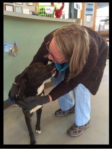 A woman is petting a dog in the hospital.